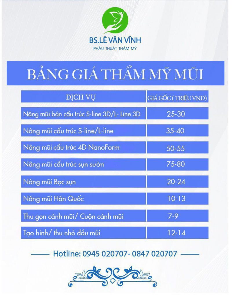 bảng giá nâng mũi Lê Văn Vĩnh