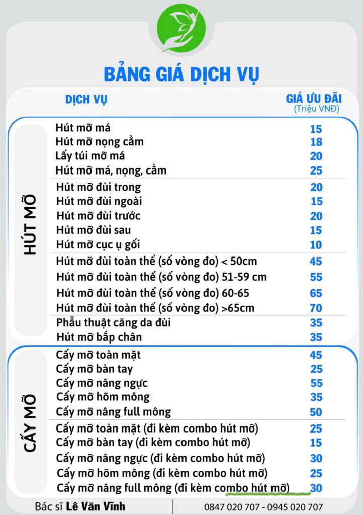 Bảng giá dịch vụ cấy mỡ