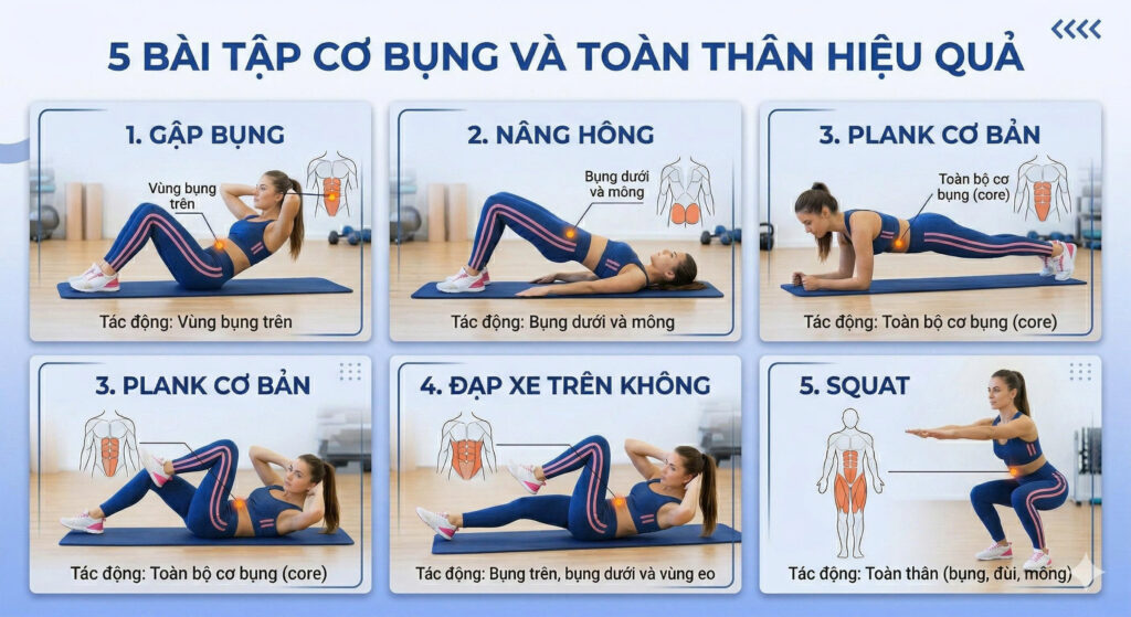 Infographic hướng dẫn 5 bài tập cơ bụng hiệu quả: Gập bụng, Nâng hông, Plank, Đạp xe trên không và Squat.